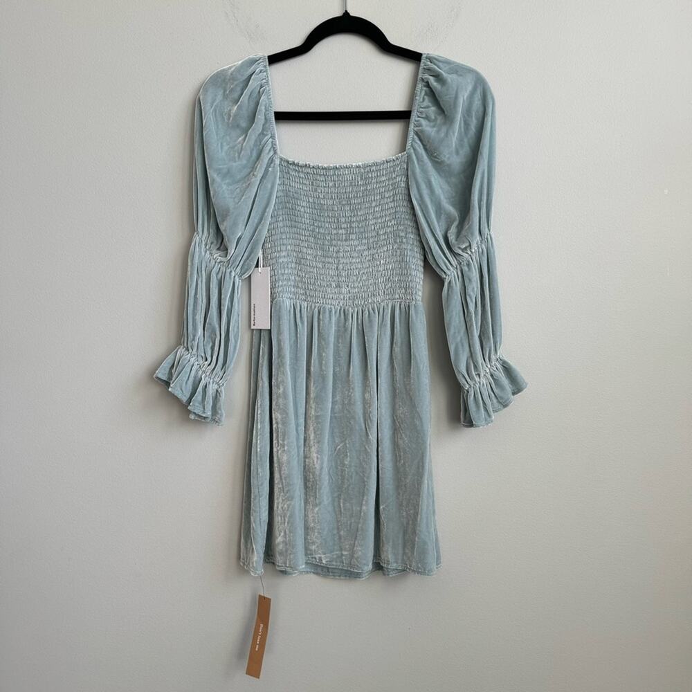 NEW Reformation Albi Long Sleeve Velvet Mini Dress in Turquoise Size XS - Picture 3 of 11